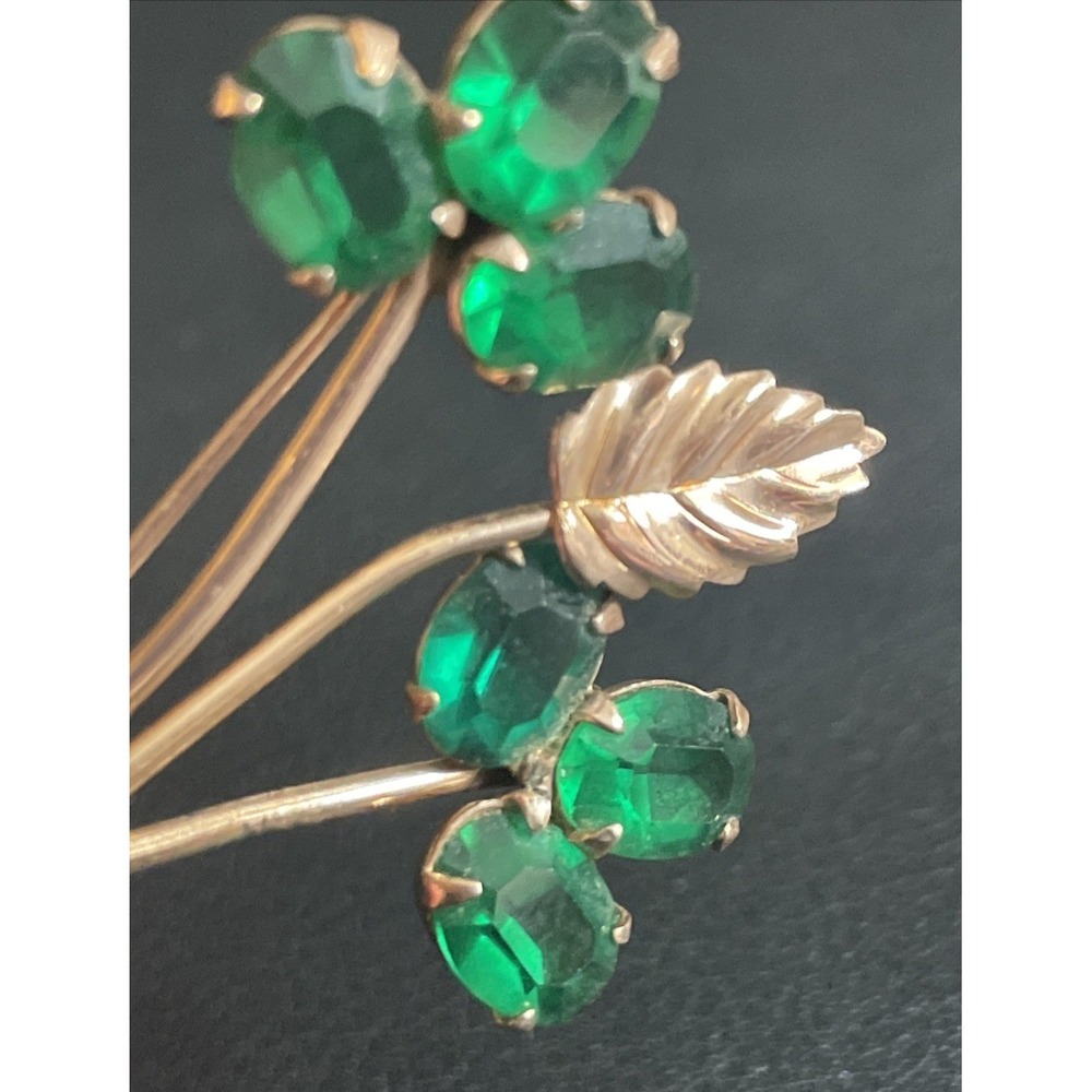CORO Sterling Floral Brooch Rose Gold Tone Green Rhinestone Pin Delicate Vintage - Picture 4 of 9